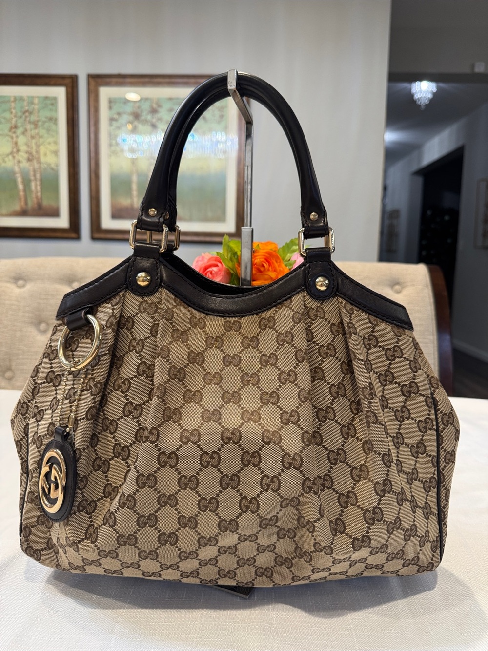 Authentic Gucci Beige Brown GG Canvas Satchel with Dark Brown Leather Trim
